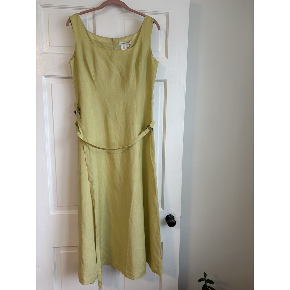 Coldwater Creek Lime Green Linen Blend‎ Sleeveless Midi Dress Square Neck Size 6